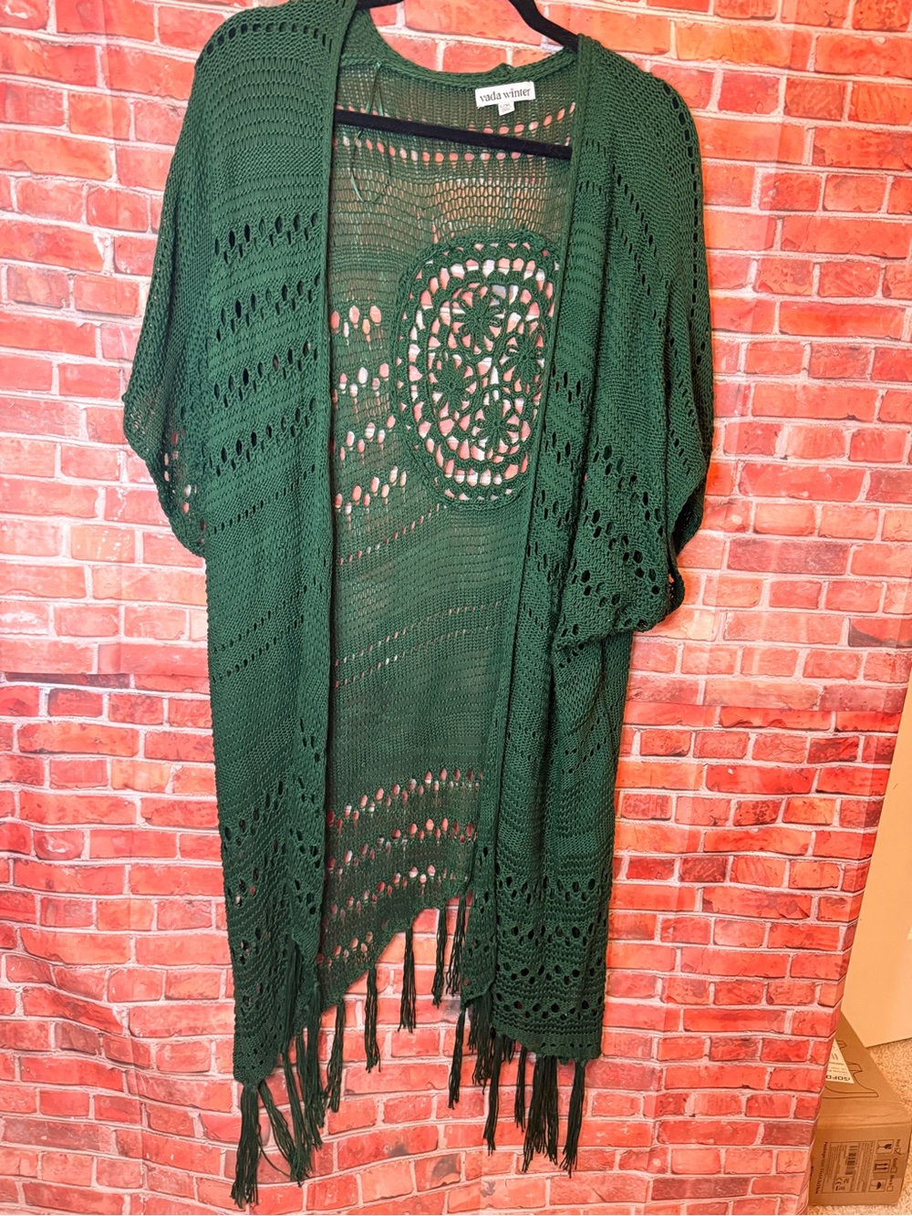 Vada Winter Dark Green Crochet Fringe Kimono Cardigan